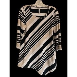 NY COLLECTION Sz L Black/White/Taupe Asymmetrical Front Striped Blouse